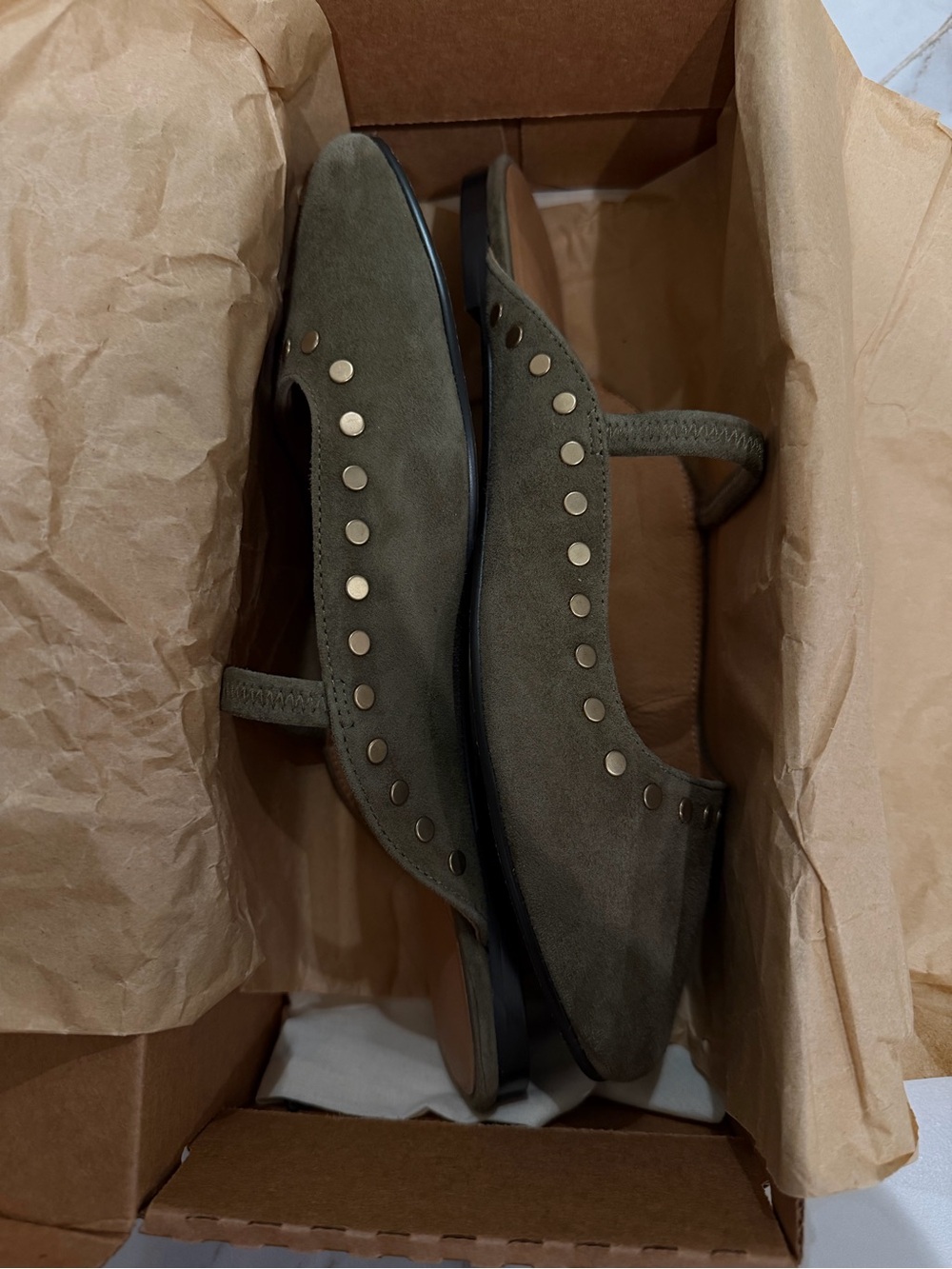 Madewell Olive Suede Studded Mary Jane Mules - Picture 2 of 3